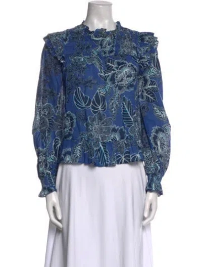 Pre-owned Love The Label Floral Print Mock Neck Blouse In Blue
