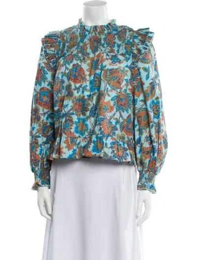 Pre-owned Love The Label Floral Print Mock Neck Blouse In Blue