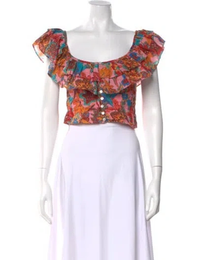 Pre-owned Love The Label Floral Print Off-the-shoulder Crop Top In Neutral