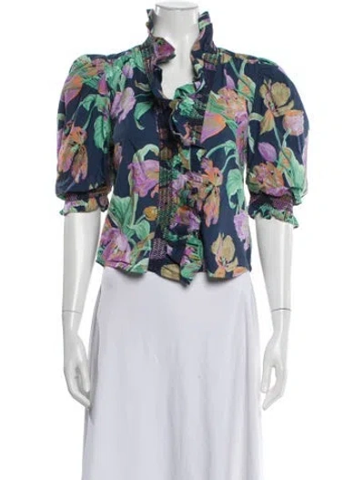 Pre-owned Love The Label Floral Print Short Sleeve Blouse In Blue