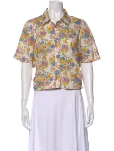 Pre-owned Love The Label Floral Print Short Sleeve Blouse In Blue