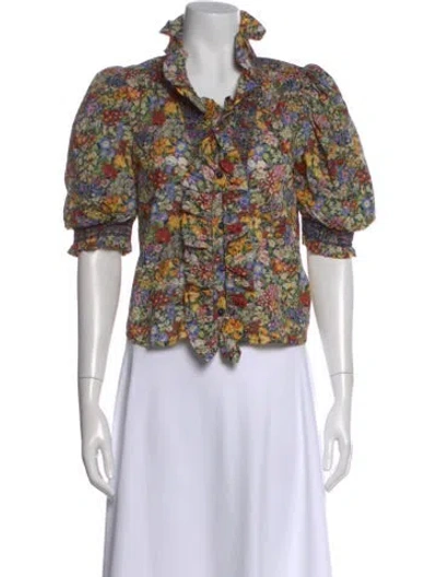 Pre-owned Love The Label Floral Print Short Sleeve Blouse In Blue