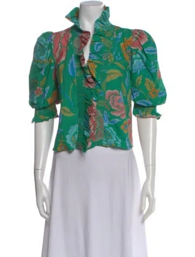 Pre-owned Love The Label Floral Print Short Sleeve Blouse In Green