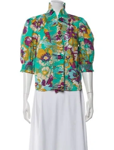 Pre-owned Love The Label Floral Print Three-quarter Sleeve Blouse In Green