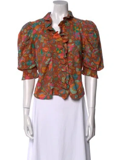 Pre-owned Love The Label Floral Print Three-quarter Sleeve Crop Top In Brown