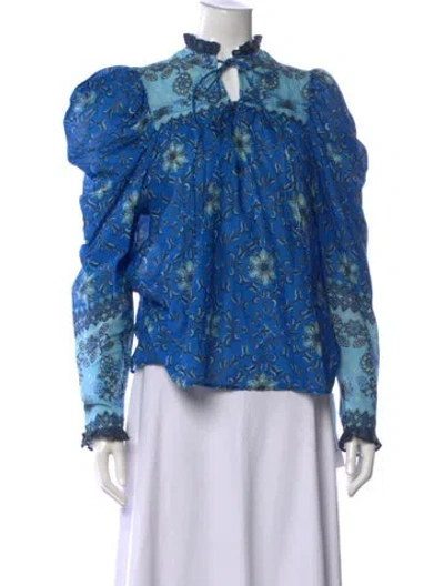Pre-owned Love The Label Floral Print Tie Neck Blouse In Blue