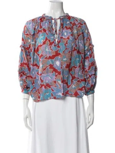 Pre-owned Love The Label Floral Print Tie Neck Blouse In Blue/red