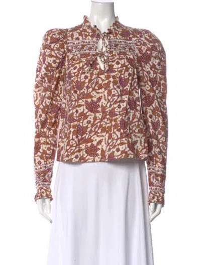 Pre-owned Love The Label Floral Print Tie Neck Blouse In Brown