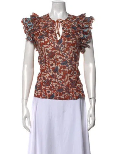 Pre-owned Love The Label Floral Print Tie Neck Blouse In Brown