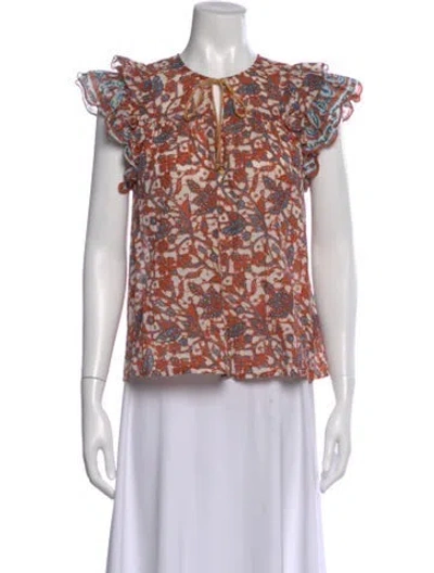 Pre-owned Love The Label Floral Print Tie Neck Blouse In Orange