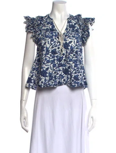 Pre-owned Love The Label Floral Print Tie Neck Top In Blue