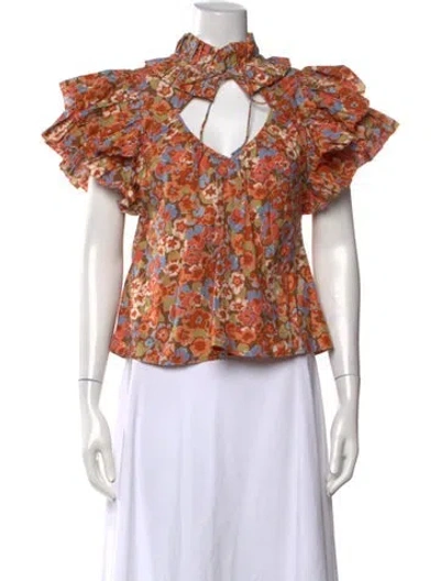 Pre-owned Love The Label Floral Print Tie Neck Top In Neutrals
