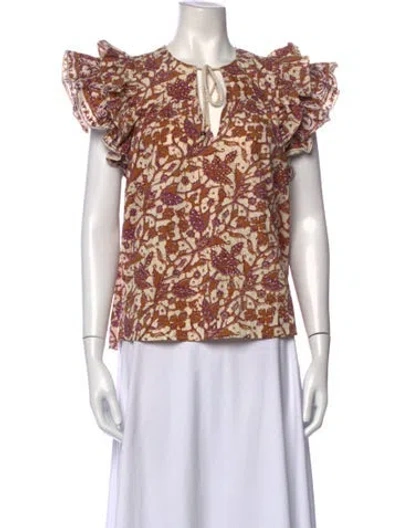 Pre-owned Love The Label Floral Print Tie Neck Top In Neutrals