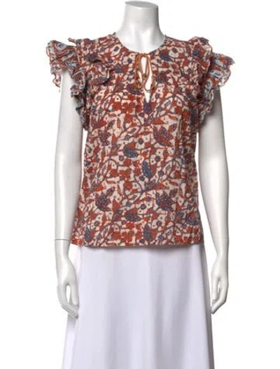 Pre-owned Love The Label Floral Print Tie Neck Top In Orange