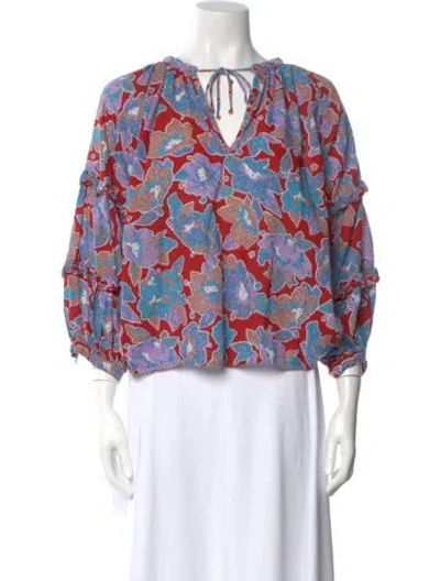 Pre-owned Love The Label Floral Print V-neck Blouse In Blue