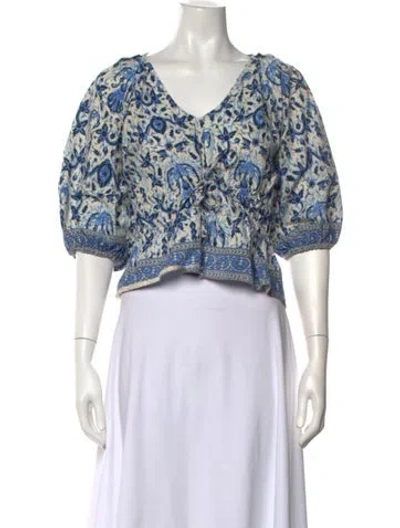 Pre-owned Love The Label Floral Print V-neck Top In Blue