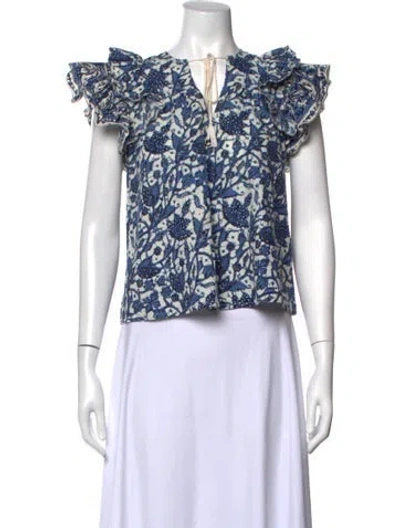 Pre-owned Love The Label Floral Print V-neck Top In Blue/white