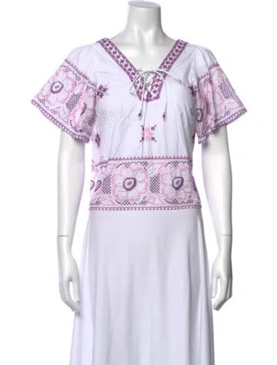 Pre-owned Love The Label Floral Print V-neck Top In White