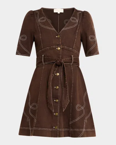 Love The Label Ines Belted Denim Mini Dress In Espresso