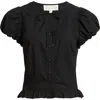Love The Label Iridessa Keyhole Puff Sleeve Cotton Button-up Top In Black