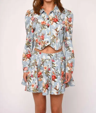 Love The Label Lainy Denim Mini Skirt In Sumner Floral Print In Blue