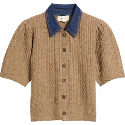 Love The Label Lane Denim Collar Cable Stitch Cardigan In Brown