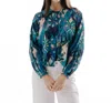 Love The Label Lavina Billowed Sleeves Top In Symphonic Ikat Print In Multi