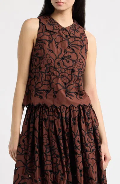 Love The Label Lielle Embroidered Eyelet Cotton Top In Brown