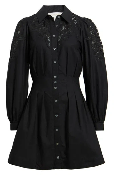 Love The Label Marta Embroidered Yoke Long Sleeve Cotton Shirtdress In Black