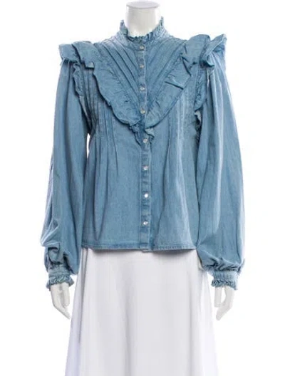 Pre-owned Love The Label Mock Neck Long Sleeve Blouse In Blue