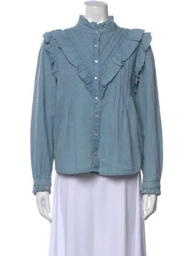 Pre-owned Love The Label Mock Neck Long Sleeve Blouse In Blue