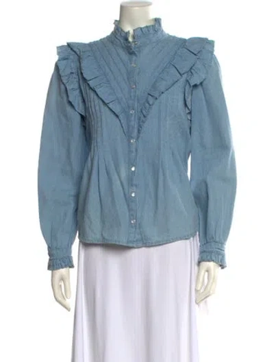 Pre-owned Love The Label Mock Neck Long Sleeve Button-up Top In Blue