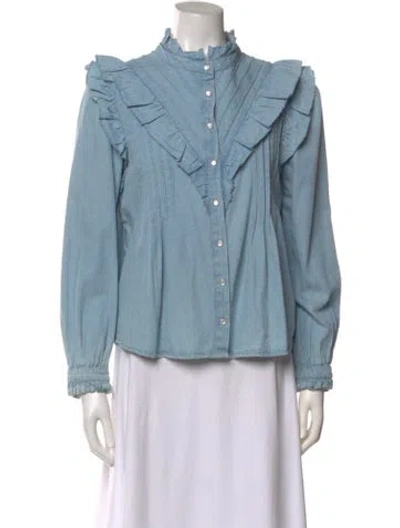 Pre-owned Love The Label Mock Neck Long Sleeve Button-up Top In Blue