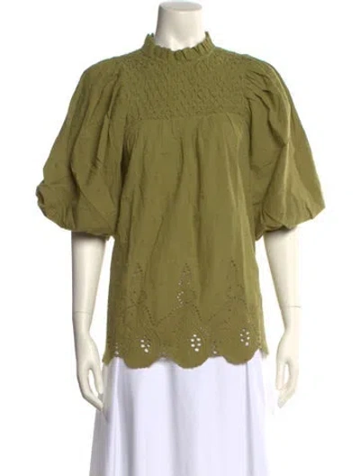 Pre-owned Love The Label Mock Neck Short Sleeve Blouse In Green