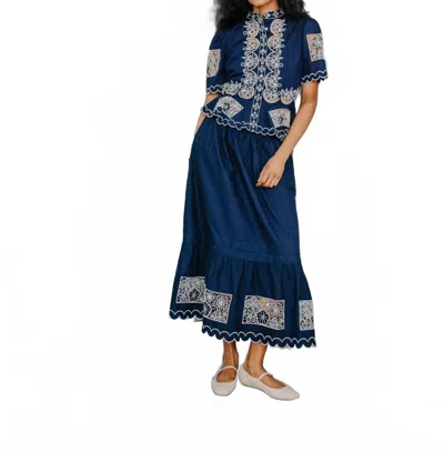Love The Label Nolan Maxi Skirt In Navy Ivory Embroidery In Animal Print