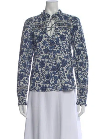 Pre-owned Love The Label Printed Tie Neck Blouse In Blue