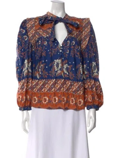 Pre-owned Love The Label Printed Tie Neck Blouse In Blue