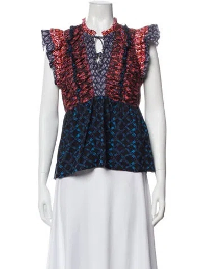 Pre-owned Love The Label Printed Tie Neck Top In Blue