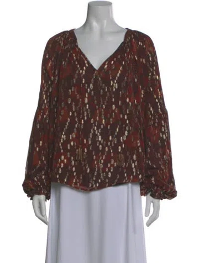 Pre-owned Love The Label Printed V-neck Blouse In Brown