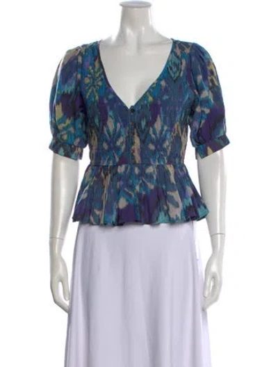 Pre-owned Love The Label Printed V-neck Top In Green