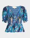 Love The Label Stevie Puff-sleeve Peplum Top In Symphonic Ikat Print