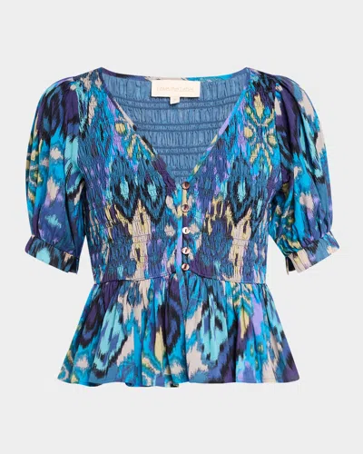 Love The Label Stevie Puff-sleeve Peplum Top In Symphonic Ikat Print