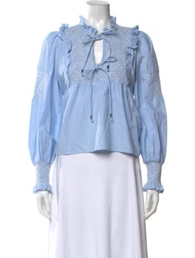 Pre-owned Love The Label Striped Tie Neck Blouse In Blue