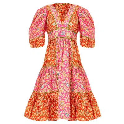 Love The Label Women Elise Puff Sleeve Flared Dress Alessandra Pink Print In Orange