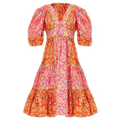 LOVE THE LABEL WOMEN ELISE PUFF SLEEVE FLARED DRESS ALESSANDRA PINK PRINT