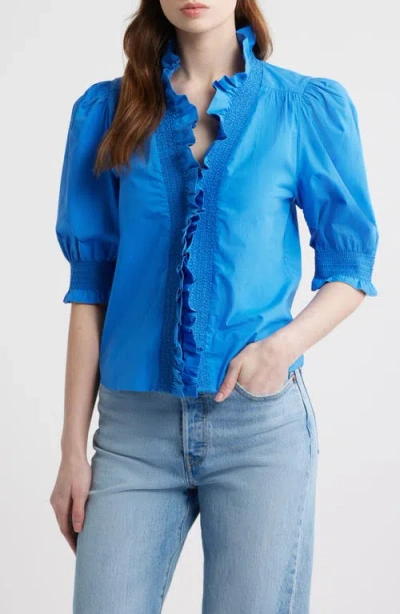 Love The Label Zuri Ruffle Puff Sleeve Shirt In Blue