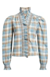 Love The Label Zuri Ruffle Trim Cotton Button-up Top In Blue