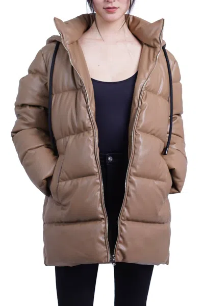 Love Token Bianka Zip Front Puffer Coat In Camel In Brown