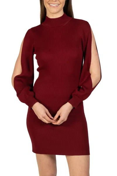 Love Token Bubble Sleeve Knit Mini Dress In Burgundy In Red