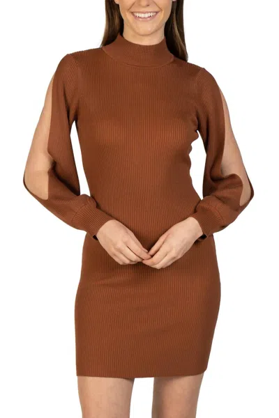 Love Token Bubble Sleeve Knit Mini Dress In Cinnamon In Brown